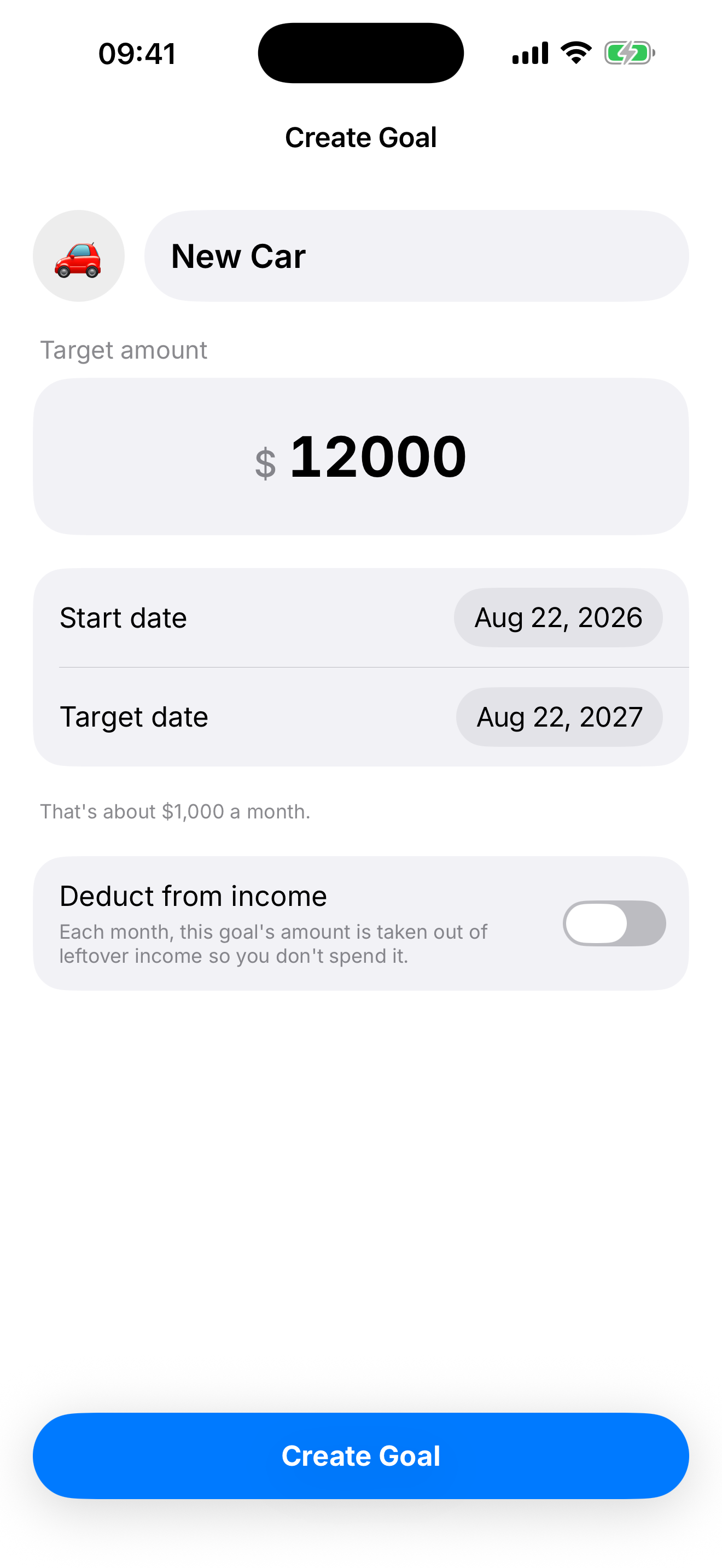 Create Goal screen for a new car with a $12,000 target.