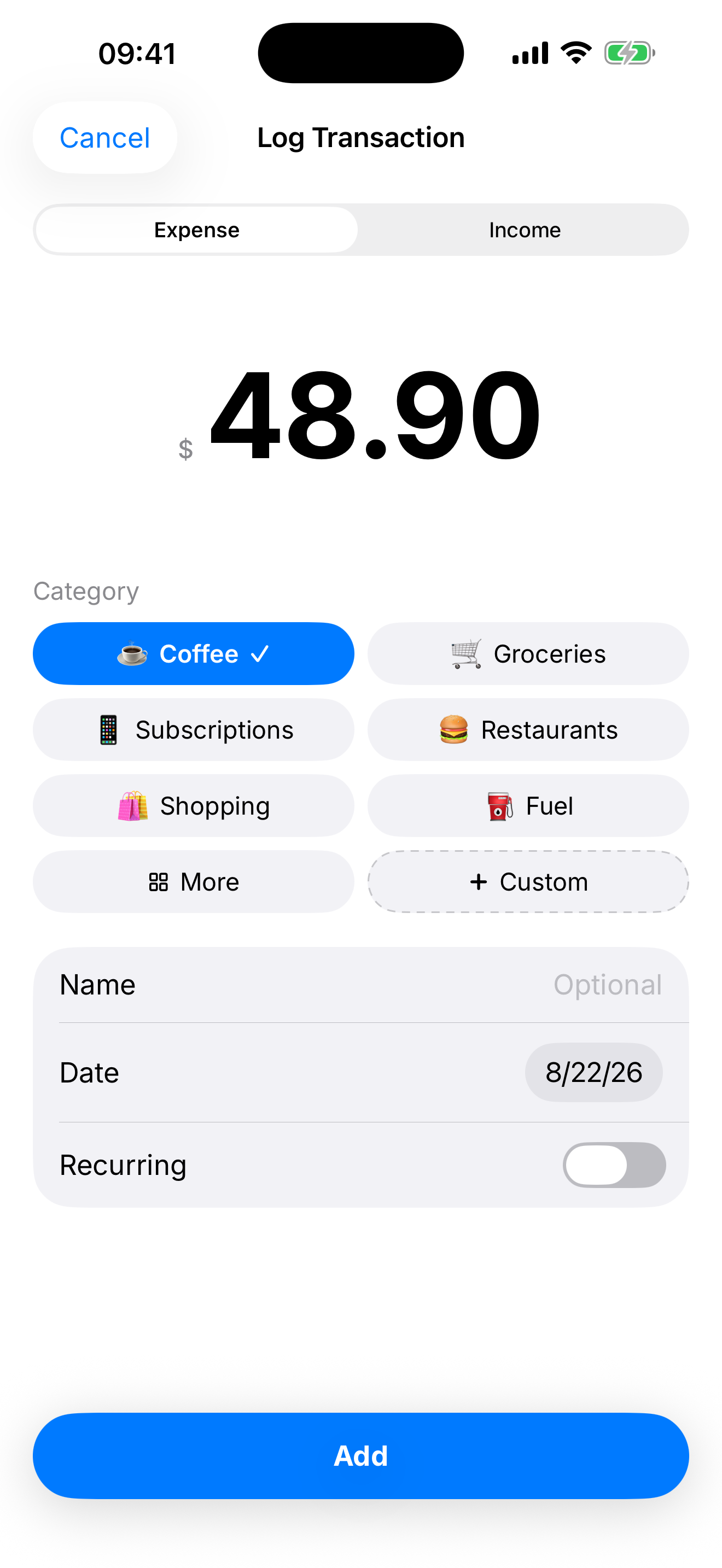 Log Transaction screen with a $48.90 coffee expense.